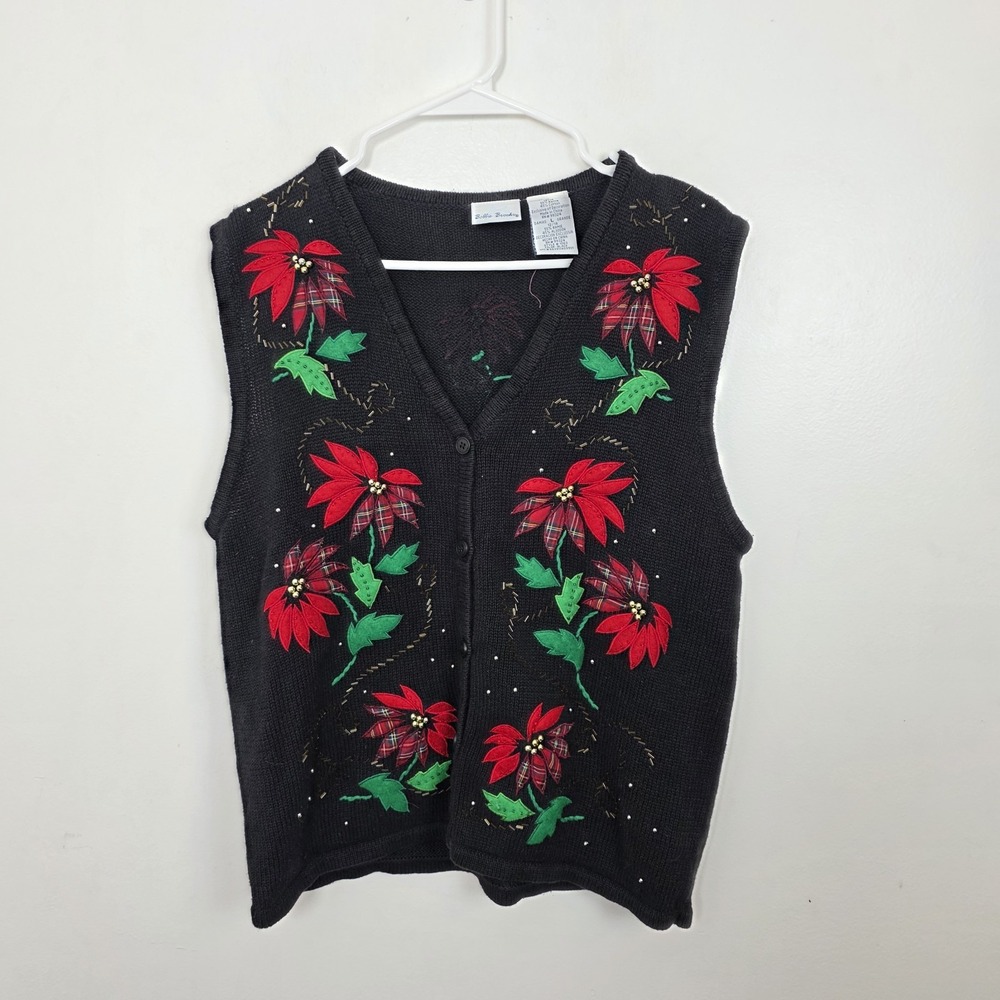 Bobbie Black‎ Red Poinsettia Sleeveless Button Up Christmas Sweater Vest Size L